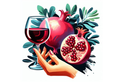 4 illustration of  Glass of wine in hand. Pomegranate fruit with leave