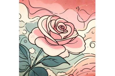 4 illustration of A pink rose Line Art and Pastel Abstract Background