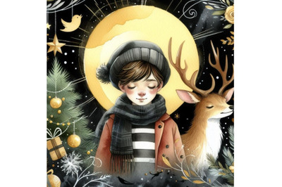 Four Boy with deer&2C; Christmas watercolor