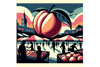 4 illustration of Abstract peach Fruit Market retro poster art