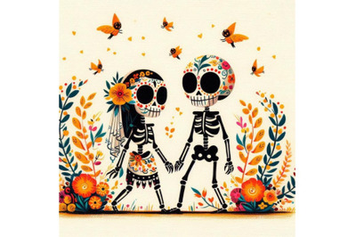 4 Illustration of couple skulleton with flowers