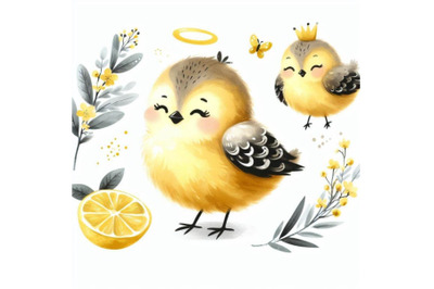 Four cute bird watercolor vector illustration on white background