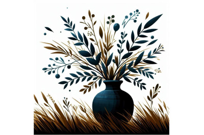 4 illustration of Field grass and branch with leaves in a vase