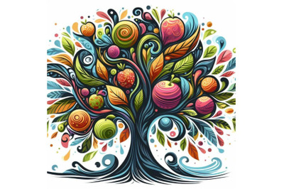 4 illustration of tree silhouette with colorful abstract fruit and lea