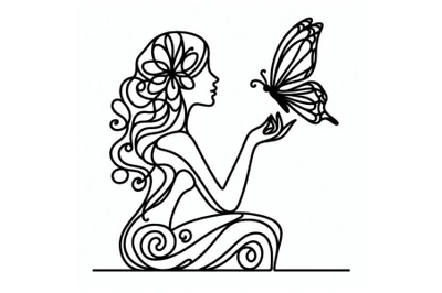 4 One single line drawing woman with butterfly line art vector illustr