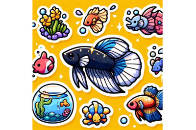 Four simple stickers with cute betta fish with white  backgrounds