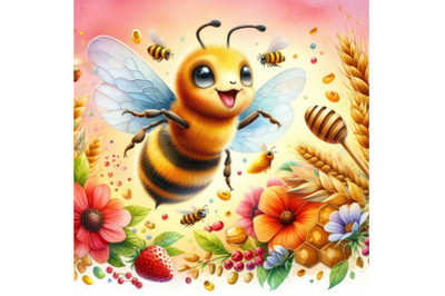 Four watercolor Illustration of Honey bee flying with joy  Colorful ba
