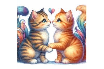Four watercolor isolated two cats in love on white background Colorful
