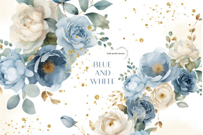 Elegant Navy &amp; White Flowers Bouquets Clipart, Blue Floral Wedding