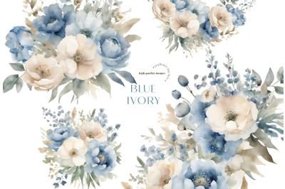 Elegant Navy &amp; Ivory Flowers Clipart, Blue Floral Wedding
