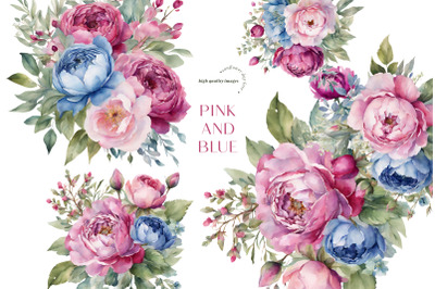 Elegant Pink &amp; Blue Flowers Clipart