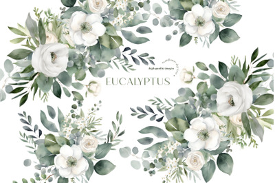 Elegant Eucalyptus Greenery Clipart, Eucalyptus Flowers Bouquets