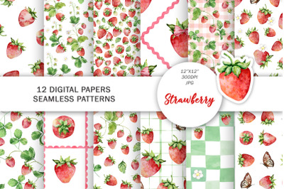 Watercolor strawberry seamless patterns