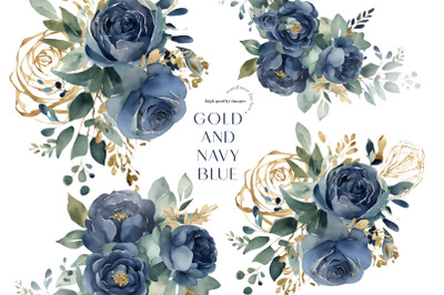 Elegant Navy &amp; Gold Flower Clipart, Navy Blue Floral