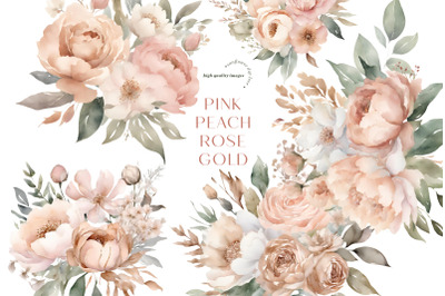 Elegant Rose Gold Floral Clipart, Pink Peach Flowers