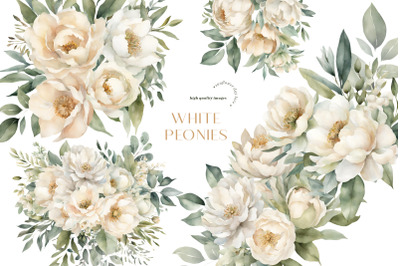 Elegant White Peonies Flowers Bouquets Clipart