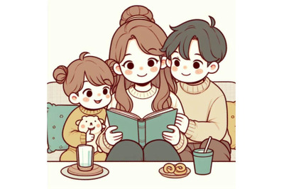 4 Cartoon mother, father and son reading a book together