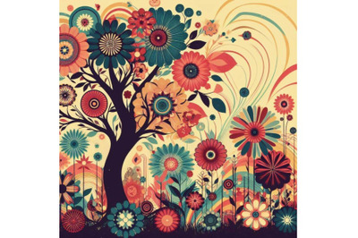 4 Colorful retro flowers and tree