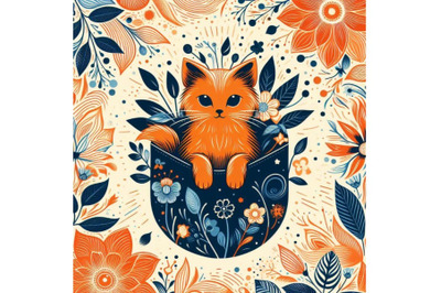 4 set of a cute orange cat in a pocket