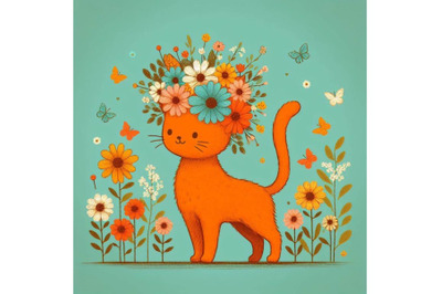 4 set of a cute orange cat with flowers on his head. standing