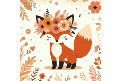 4 set of a cute orange fox with flowers on his head. standing