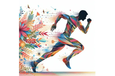 4 set of a man running with a colorful geometric pattern on his body