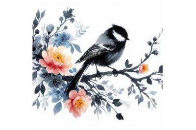 4 Hand Painted Watercolor  Tit Bird on the Branch on white background