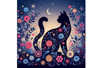 4 set of beautiful black cat silhouette with flowers, flat