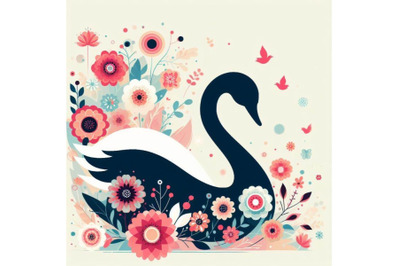 4 set of beautiful swan silhouette with flowers, flat