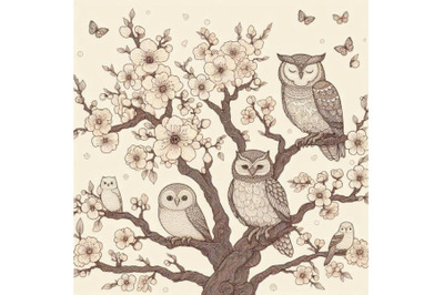 4 Blooming tree and branches with sitting owls and birds