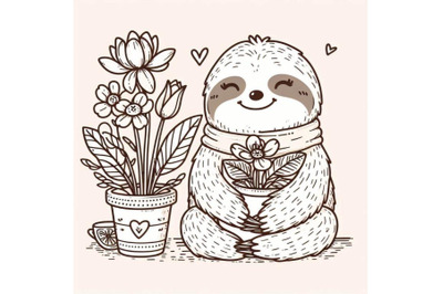 4 Cute sloth with a pot of flowers