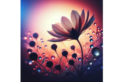 4 set of digital art of a beautiful dewy flower with waterdrops