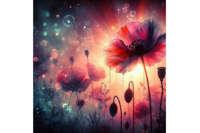 4 set of digital art of a beautiful poppy flower with waterdrops