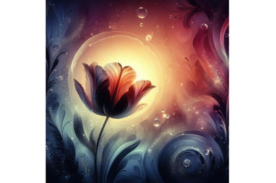 4 set of digital art of a beautiful tulip flower with waterdrops