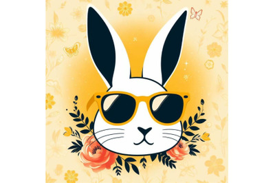 4 set of Digital art of a cute white bunny head with yellow sunglasses