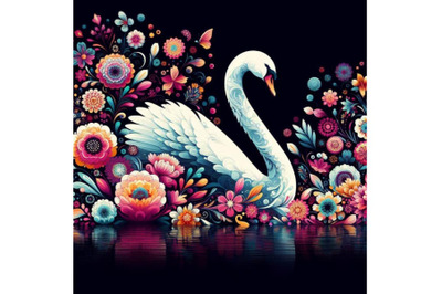 4 set of digital art of an elegant white swan in vibrant array of flow