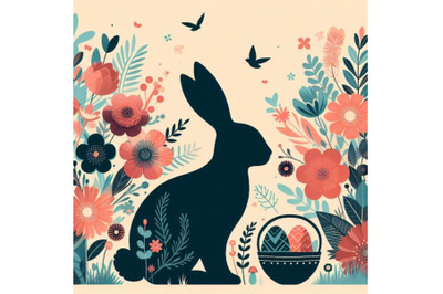 4 set of Easter bunny silhouette with flowers, flat