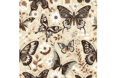 4 Seamless beige pattern with white and brown butterflies