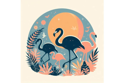 4 set of Flat Cute Flamingo Birds Summer Art Print