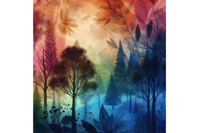 4 set of Forest. Beautiful colorful plant and tree