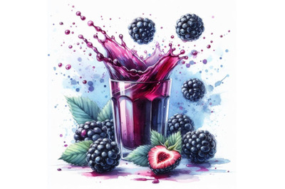 4 set of Fresh blackberries fall into a glass with juice generating a