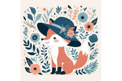 4 set of Hand drawn cute little fox in blue hat  style