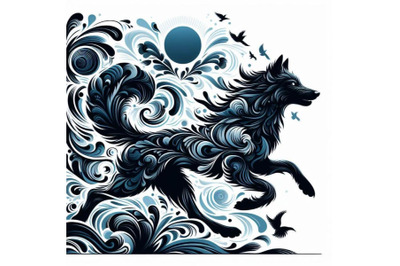 4 set of illusations of  black and blue running wolf