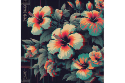 4 set of Illustration hibiscus in Glitch Art Style on Dark Background