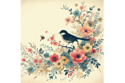 4 Vintage watercolor floral card, bird on a blooming branch
