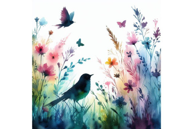 4 Watercolor colorful Bird and butterfly with grass and flowers