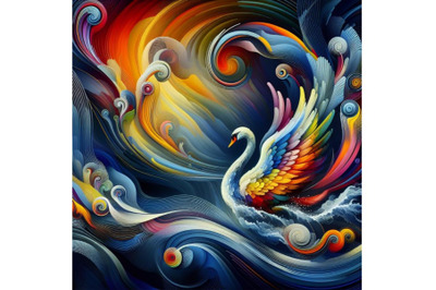 4 set of Illustration of Digital art Abstract colorful swan