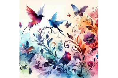 4 Watercolor colorful Birds and butterfly with leaves and flowers