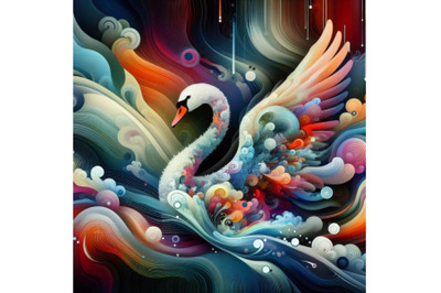 4 set of Illustration Swan in Glitch Art Style on Dark Background