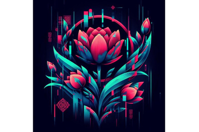 4 set of Illustration tulip in Glitch Art Style on Dark Background